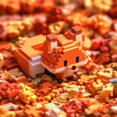 Fototapeta premium A voxel fox moves quietly through colorful cubes that look like leaves in a russet shaded area filled with blocky shapes.