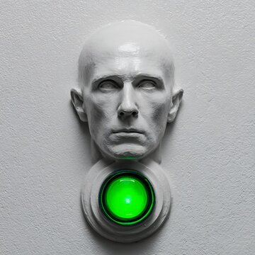 Surreal juxtaposition: Plaster face and green glowing button a modern art piece