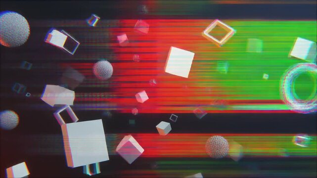 Abstract 3D Geometric Shapes Flying in Glitchy Digital Data Stream Background