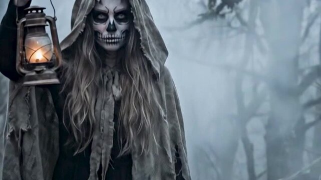 Una figura encapuchada con maquillaje de calavera sostiene un farol encendido en un bosque oscuro y brumoso. Una atm&oacute;sfera g&oacute;tica y misteriosa perfecta para Halloween o terror.