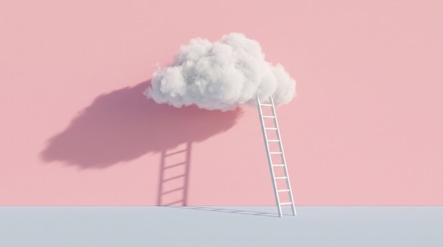 A white ladder leaning against a single fluffy cloud floating in front of a solid pink wall background