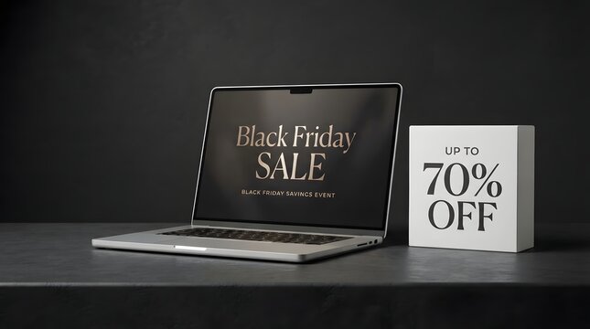 Laptop displaying black friday sale advertisement with up to 70 percent off sign on dark surface