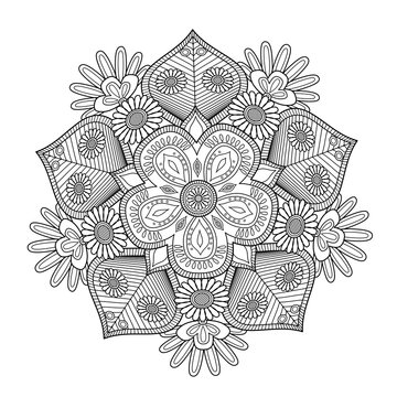 A compact radial flower arrangement displays layered hearts, leaves, and patterned petals in elegant ink outlines, ideal for relaxing creative sessions, stationery, or wall art.