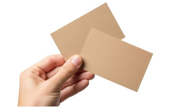 A hand holding two blank brown paper cards for business branding and design mockup