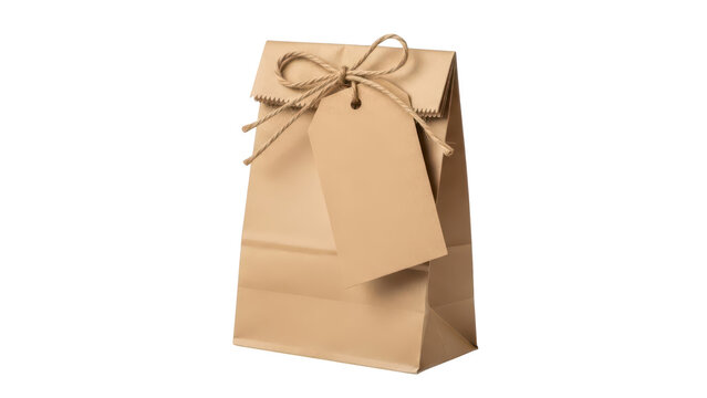 Small brown paper bag with a blank gift tag and tied with a rustic jute string