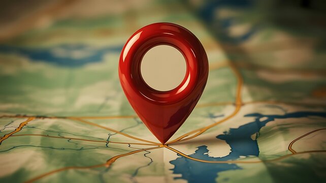 Bright red location pin marker standing on a detailed paper map with blurred roads and terrain for navigation and travel planning concepts and ideas