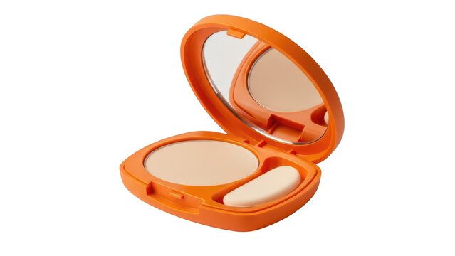 Open orange cosmetic compact case with face powder mirror and sponge applicator