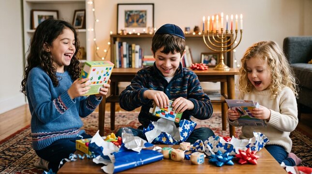 Three happy children opening Hanukkah gifts in a cozy living room with a lit menorah in the background