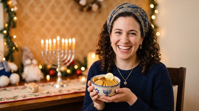 Joyful Woman Celebrates Hanukkah Holding Bowl of Chocolate Coins Near Menorah and Dreidel