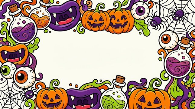 Cartoon halloween border frame design featuring pumpkins potions eyeballs and spiders
