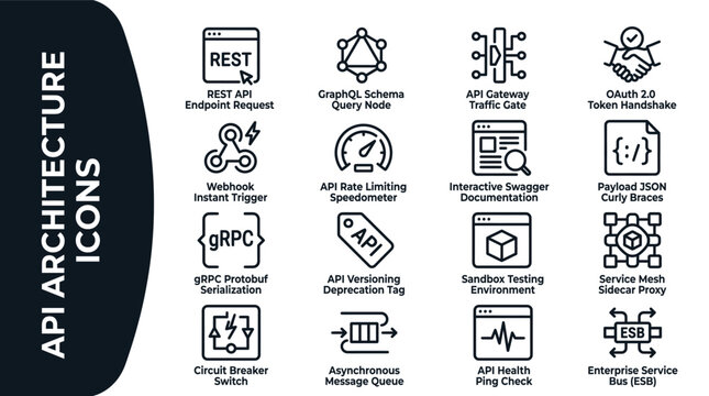 Api architecture icons set for software development and integration
