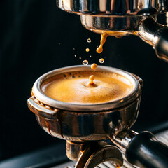 Obraz premium Espresso Machine Extracting Rich Crema with Coffee Drops Splashing – Coffee Brewing Action