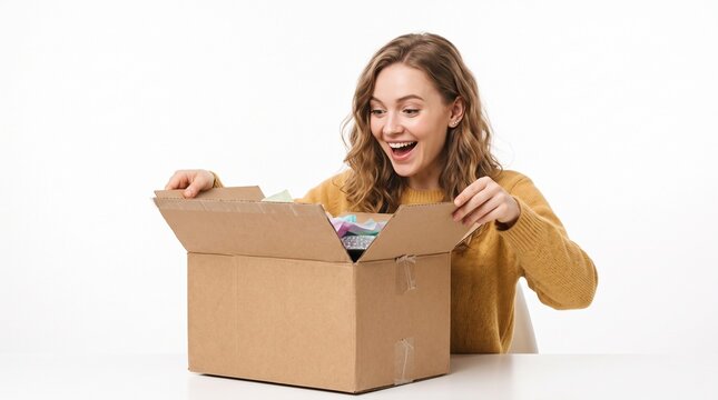 Excited young woman opening a cardboard box with a surprised and happy expression on her face