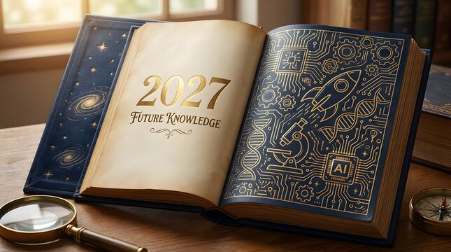 Open 2027 New Year Planner and Technology Book with Decorative Digital Innovation Illustrations