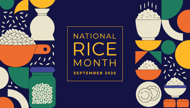 National rice month celebration graphic featuring stylized food bowl icons