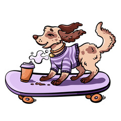 Cute Dog Riding a Skateboard with Coffee © Наталія