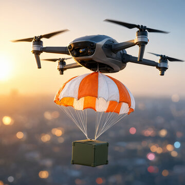 Autonomous Delivery Drone Releasing Package with Parachute in Mid-Air &ndash; Last-Mile Logistics Action