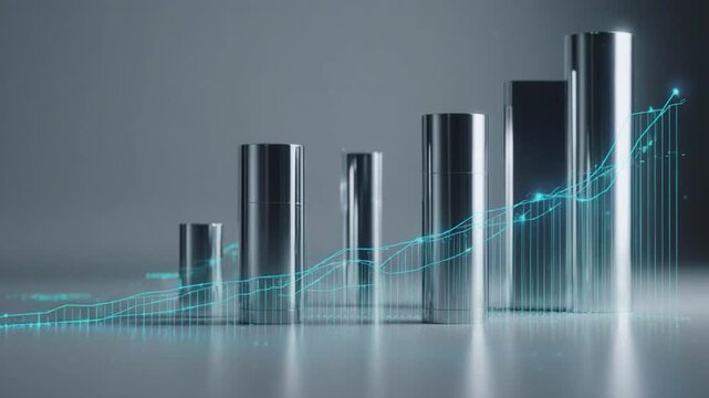 Cylinders rising in a financial graph with glowing blue data streams during a studio shot