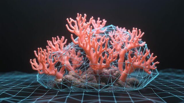 3D Render of Pink Coral Reef Structure with Digital Network Overlay