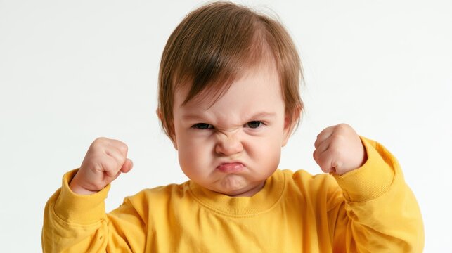 Toddler boy, clenching fists and showing angry expression, illustrating childhood frustration, concept of three-year-old crisis, emotional regulation challenges and defiant behavior