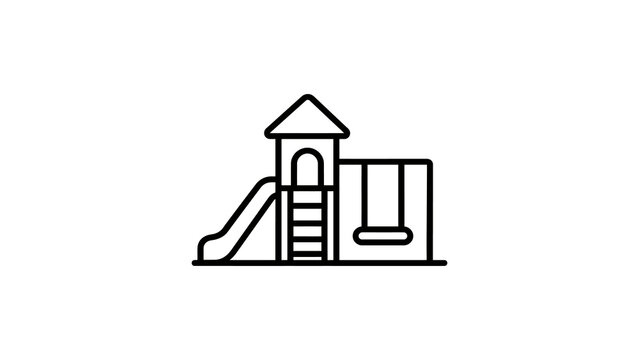 Playground line icon with swing slide and castle for outdoor fun.