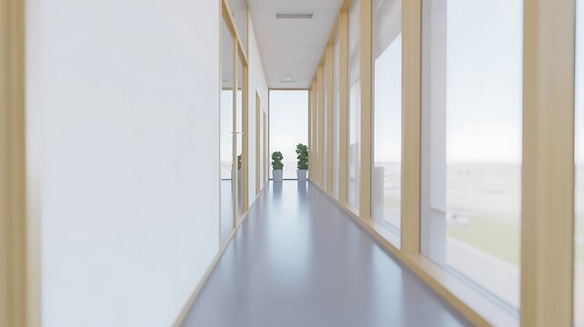 Long empty modern office corridor with wooden window frames and light grey flooring leading to a bright exit with small potted green plants
