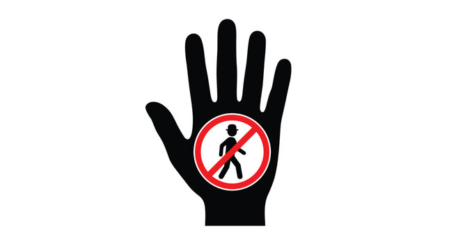 Black hand silhouette graphic showing red circular prohibition sign with walking pedestrian figure inside vector design