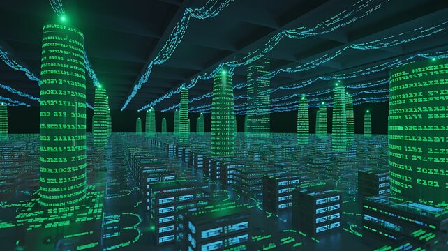 Futuristic city road shows fast data flow. Digital streams move quickly on dark road. City lights, buildings in background. Abstract graphic design. Shows agile digital transformation. Generative AI
