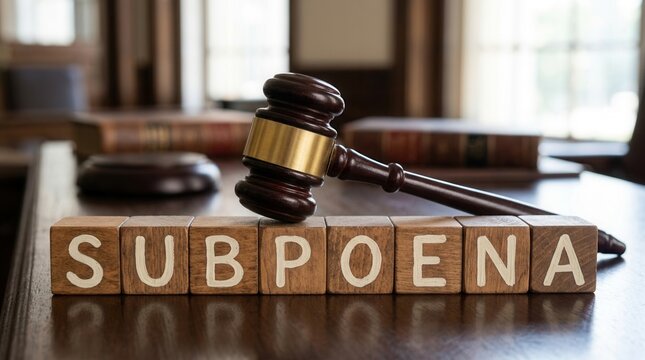 Gavel And Subpoena Blocks On Table In Courtroom