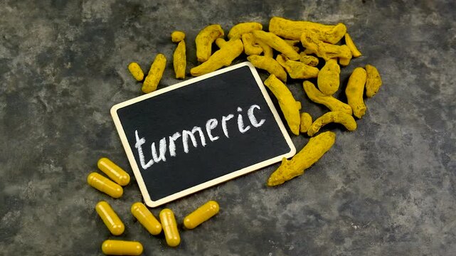 Turmeric root for supplements and essential oils. Selective focus.