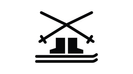 Fototapeta premium Minimalist black vector graphic illustration depicting crossed skiing poles with boots and flat skis for winter