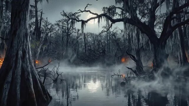 Oscuro pantano bajo la luna llena, envuelto en niebla. &Aacute;rboles retorcidos con musgo, r&iacute;o oscuro y un muelle de madera iluminado por calabazas de Halloween. Un ambiente espeluznante y g&oacute;tico