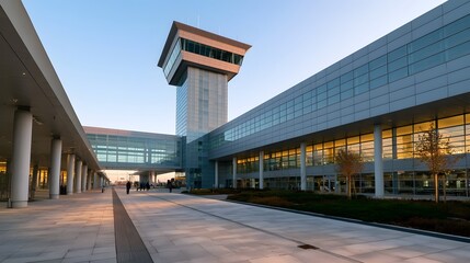 Obraz premium Modern airport terminal with glass facade control tower and wide pedestrian walkway under clear sky at golden hour