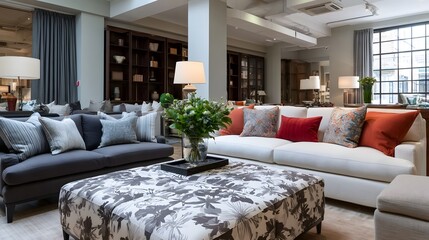 Obraz premium A spacious modern living room with two sofas patterned ottoman bookshelves and large with daylight