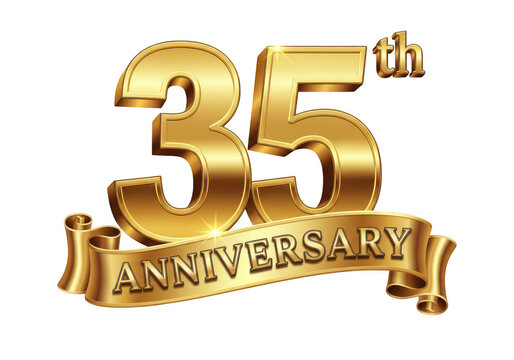 Shiny gold 35th anniversary text with ribbon isolated on transparent backdrop