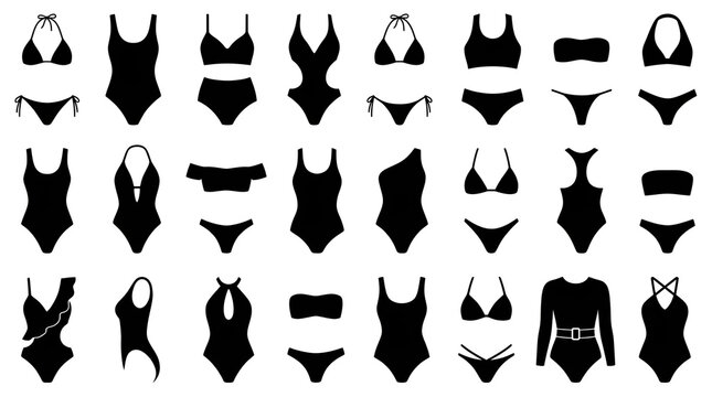 Set of Women's Bikini and Swimsuit Silhouettes Isolated on White