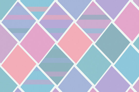 A seamless arrangement of overlapping rhombuses in gentle pink, lavender, teal, and blue creates a calm contemporary design suitable for wallpapers, stationery, and web layouts.