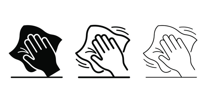 Hand wiping with cloth icon silhouette vector, bold outline and line art isolated illustration