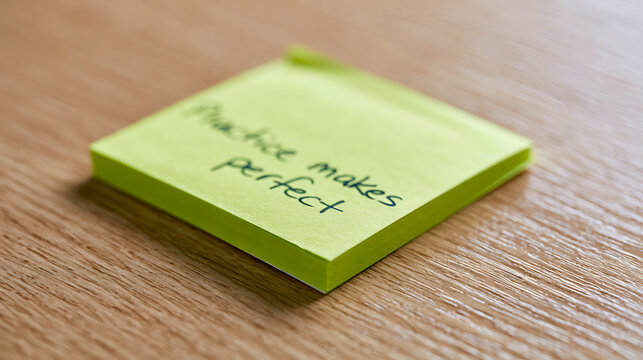 A green sticky note pad rests on a wooden desk with handwritten text that reads practice makes perfect for motivation and success goals