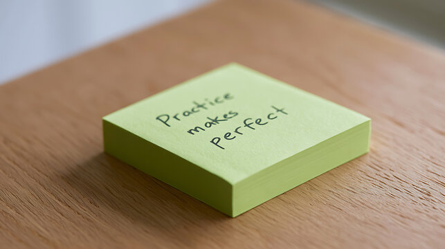 A green sticky note on a wooden desk with handwritten text about practice, improvement, success, motivation, goals, and daily inspiration
