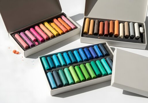 Assorted colorful soft pastel chalks arranged neatly inside open cardboard boxes