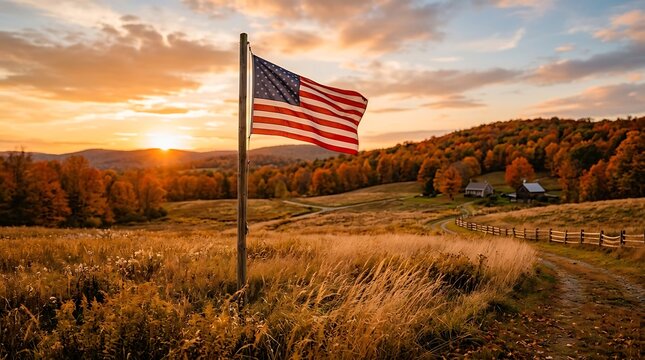 American flag waving in a field at sunset with autumn foliage