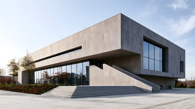 Modern concrete building with glass and wide stone staircase under clear sky with sparse trees and paved plaza