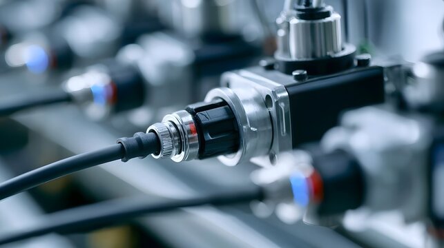 Close up of industrial sensor connections with metallic components and black cables in a factory setting