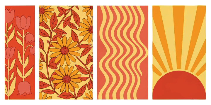 Set of four retro seventies style vertical banners with floral and abstract sun patterns