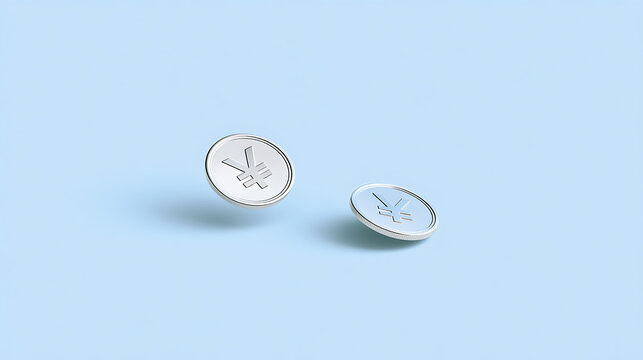 Two silver coins with yen or yuan symbol hover and spin on a clean minimal light blue background, financial concept image with soft shadow