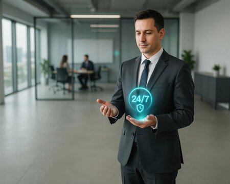 Professional businessman holding a glowing 24 7 support holographic icon in a modern corporate office setting