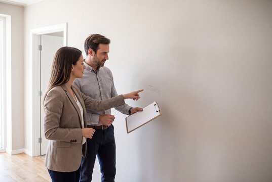 Property manager and tenant inspect apartment wall condition together