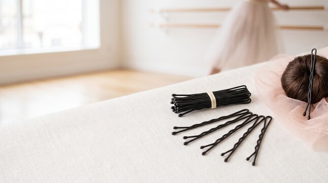Ballet bun with bobby pins on a table in a dance studio  