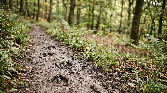 Deer tracks on muddy path in forest with greenery around  